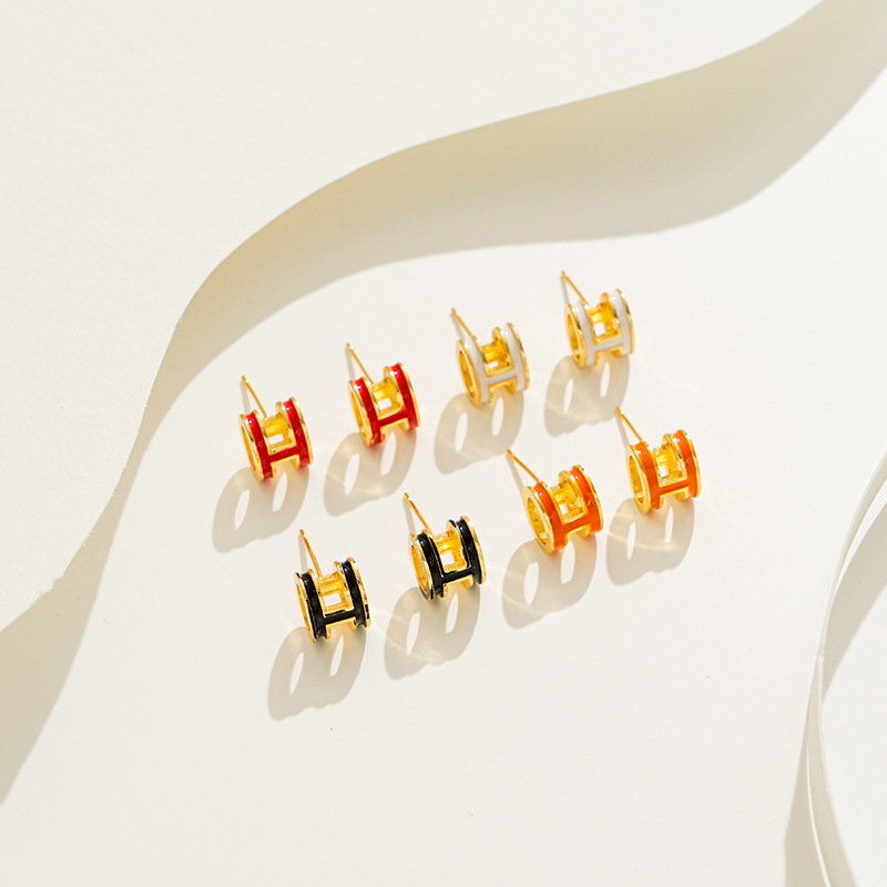 ins style earrings new 2023 new internet celebrity 925 silver needle anti-allergy drop glaze enamel H letter earrings 