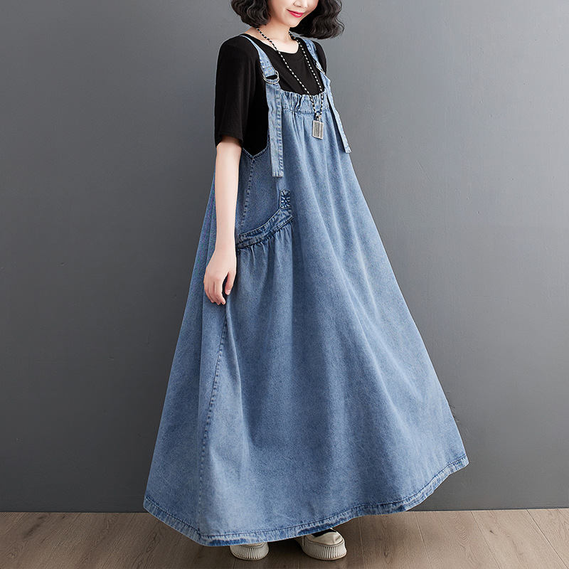Large Size Women's 2023 Spring and Summer New Arrival Sling Long Skirt Loose Slimming Denim Suspender Skirt Large Swing Dress