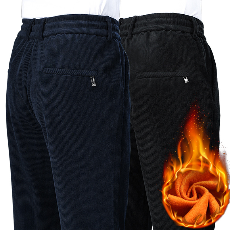 Winter fleece-lined thick corduroy casual pants men's straight warm dad pants middle-aged and elderly elastic waist corduroy men's pants