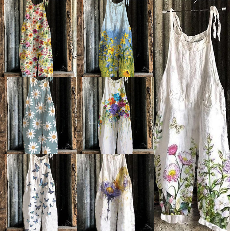 2023 cross-border women's clothing Amazon Europe and the United States summer new sweet small fresh print retro wide leg women's jumpsuit