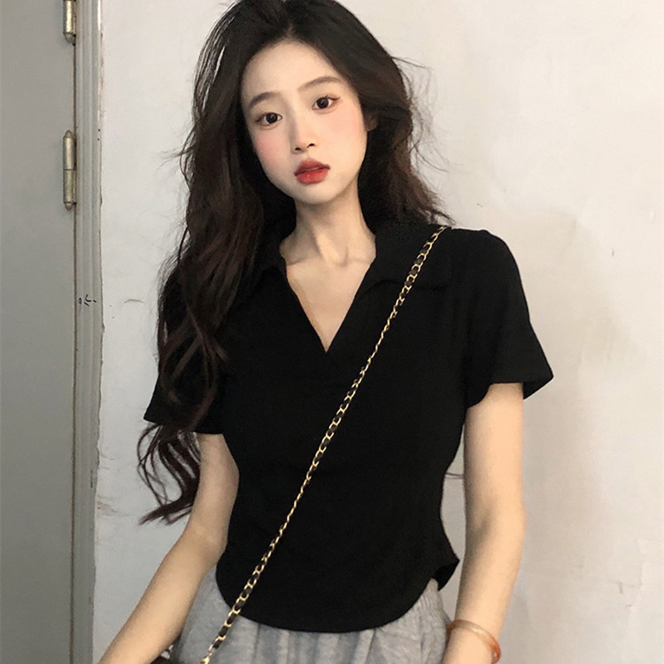 Short-sleeved T-shirt Women's Short Shoulder Tight T-shirt Summer Niche Design Sense American Style Vintage Hot Girl Top Clothes polo Sugiyama