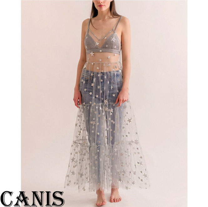 2023ins Street Strap Mesh Bikini Blouse Star Perspective Mesh Sexy Slim Fit Dress