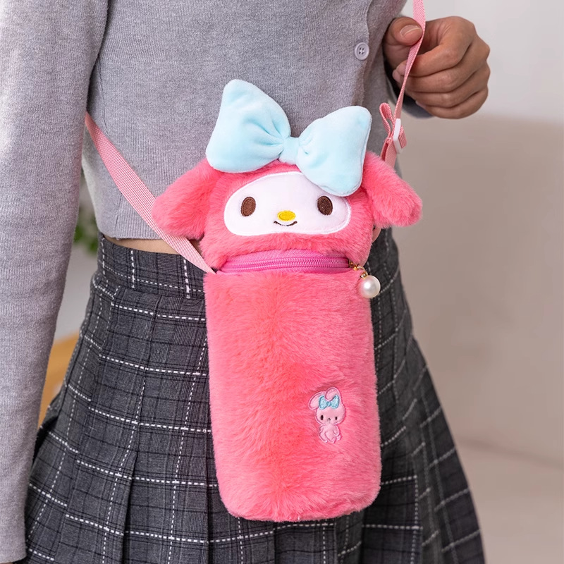 Japanese Style Cute Sanrio Kulomi Cartoon Fluffy Bag Kettle Bag Crossbody Cup Cover Thermos Cup Protective Cover for Women
