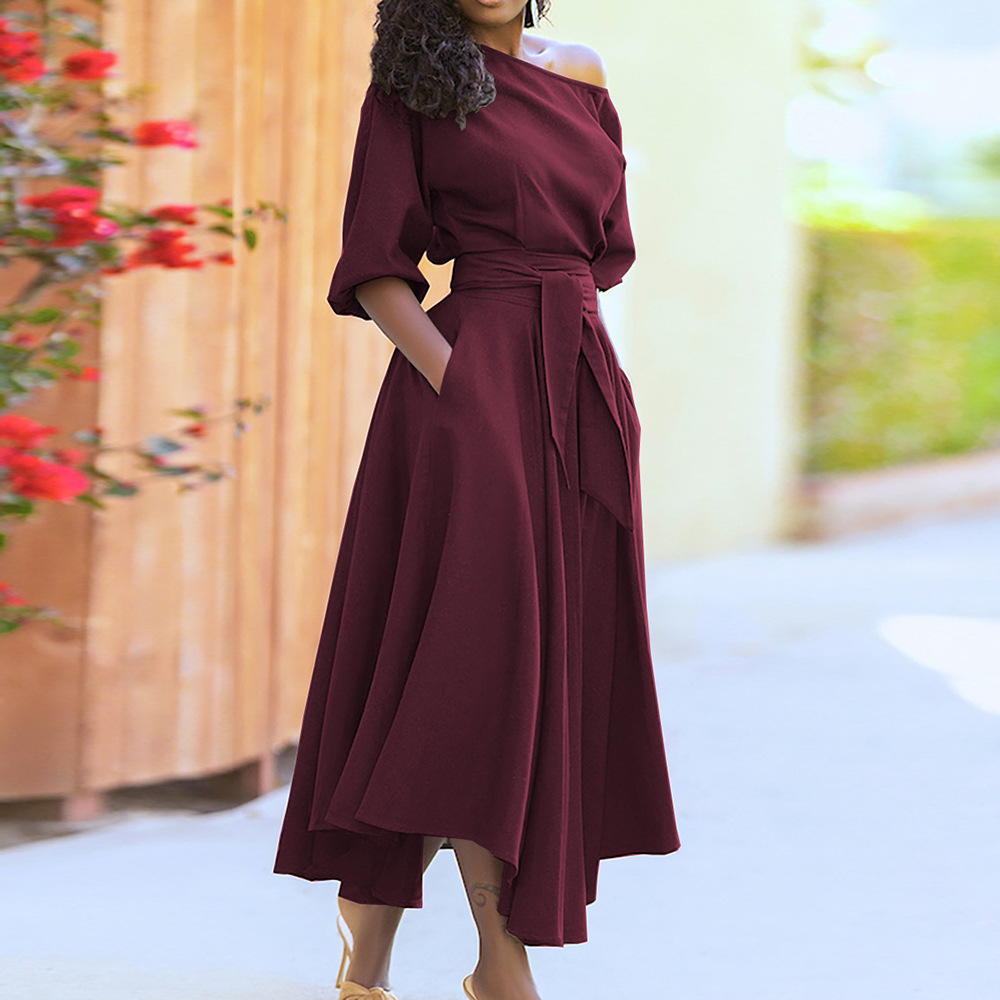 2024 foreign trade AliExpress wish Amazon European and American women's middle east strap waist temperament solid color dress