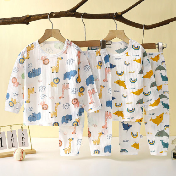 2025 New Children's Cotton Home Clothes suit Summer Long Sleeve Pajamas Thin Air-conditioning Clothes Men's and Women's Children's Clothing