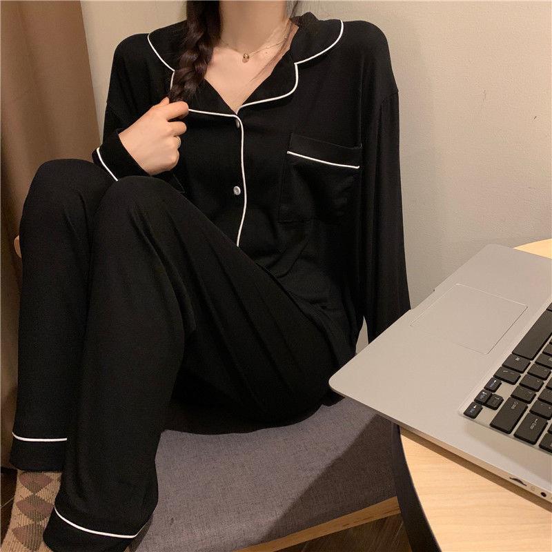 Autumn and winter long sleeve pajamas women's solid color light luxury style new Korean version of loose plus size women's home clothes suit wholesale