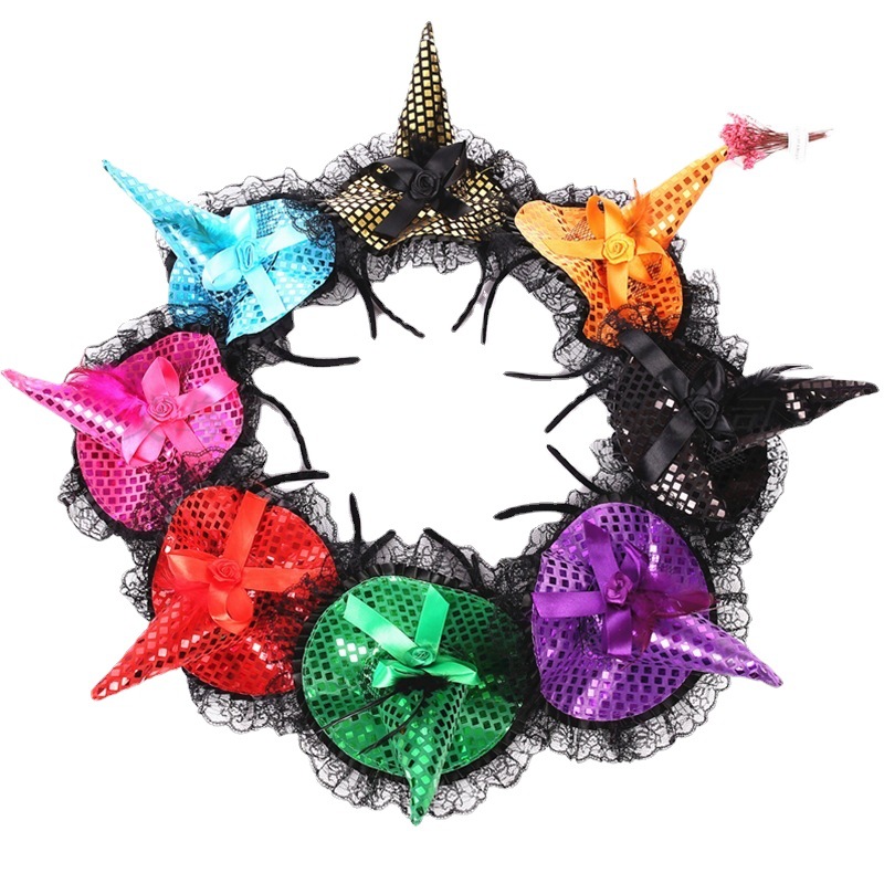 Halloween decoration witch hat headband masquerade performance lace sequined hat headband in stock wholesale