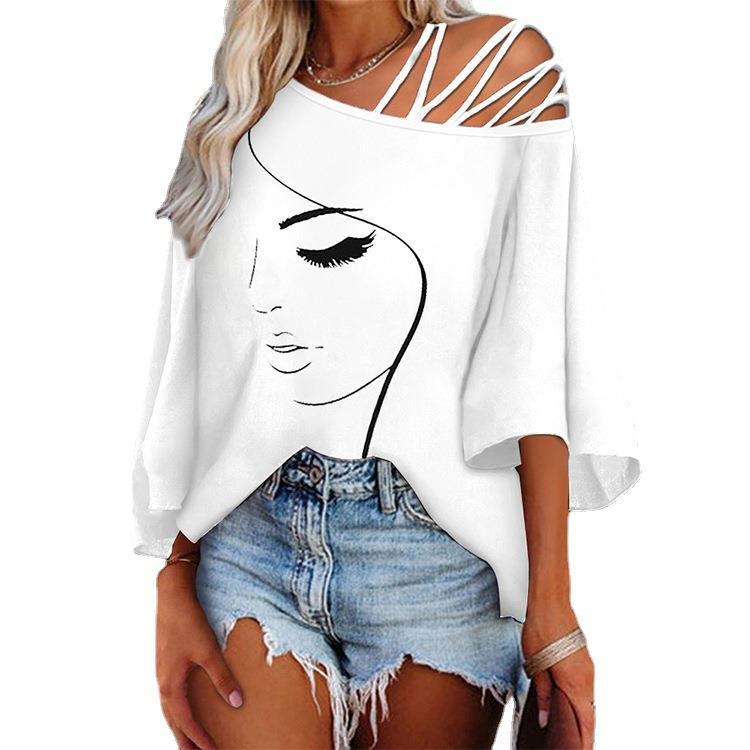New Wholesale Amazon Independent Station Autumn European and American Fashion Stitching Loose Casual Top Women Printed T-Shirt