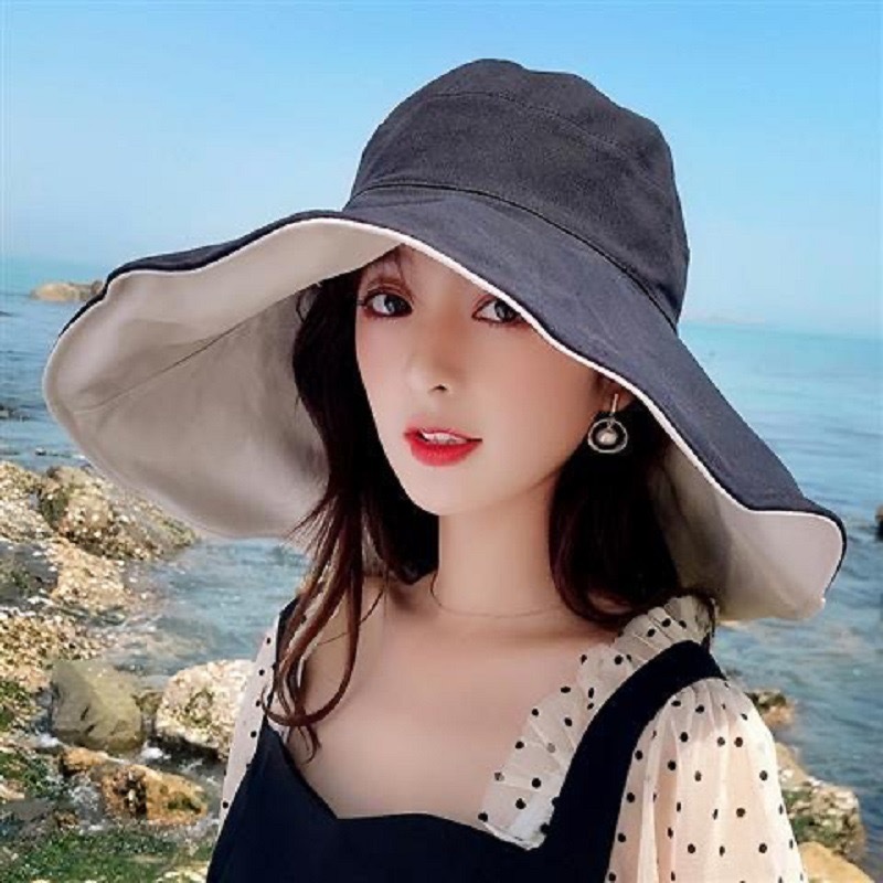 Hat Women's Summer Solid Color Large Brim Double-sided Fisherman Hat All-match Outdoor Sun Hat Foldable Travel Sunscreen Hat Trendy