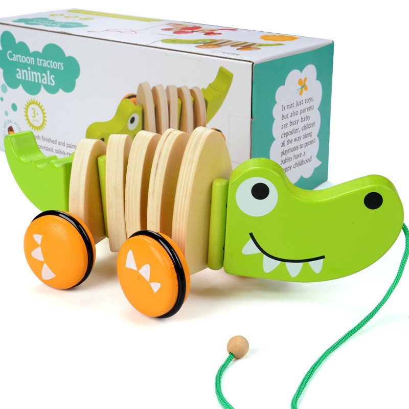 Children's Wooden Bear Drag Car Baby Drag Toddler Cartoon Bear Drum Toy Car Animal White Rabbit Drag Car