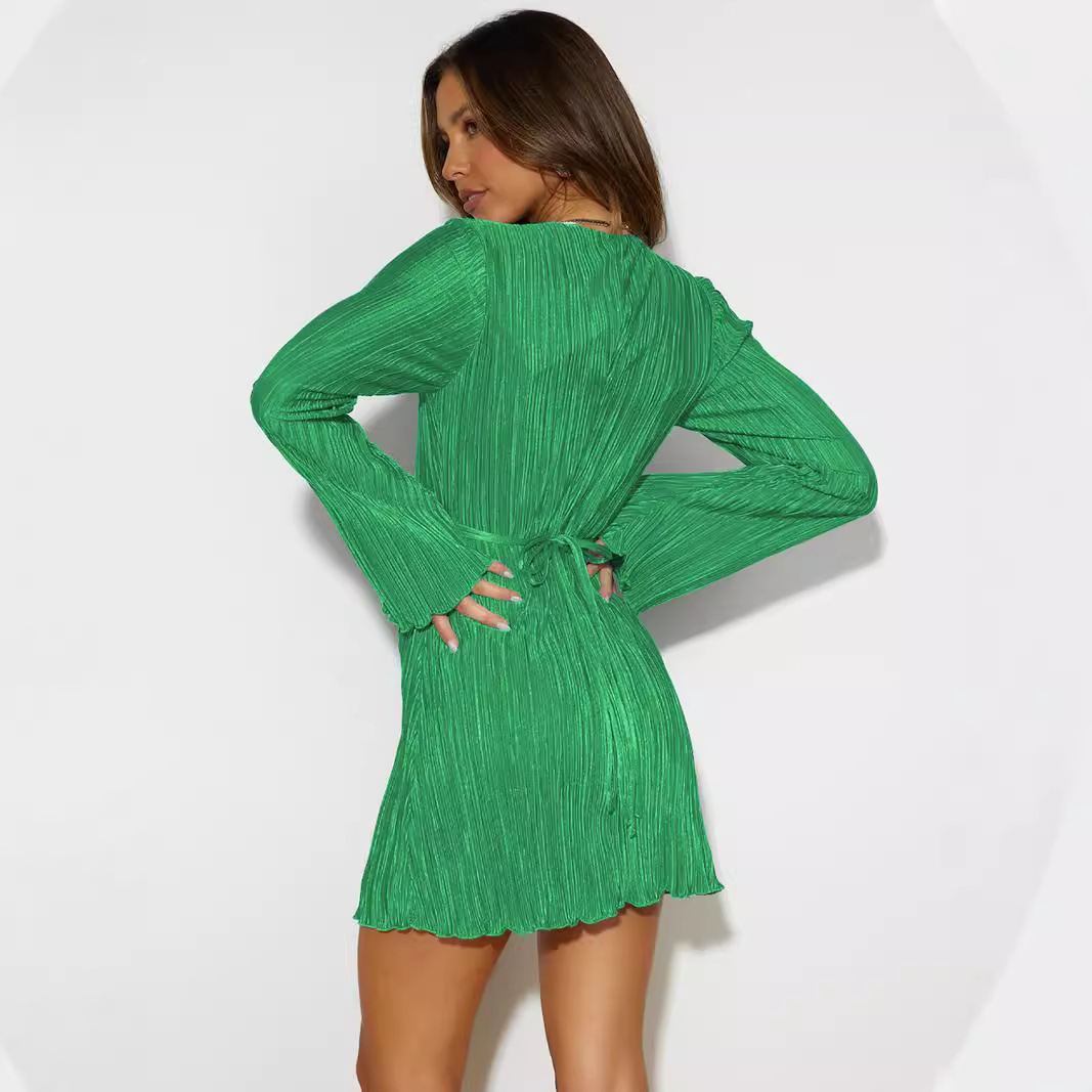 2024 Style Glitter Dress Amazon Summer New Slim-fit Lace-up dress Flare Sleeve Dress