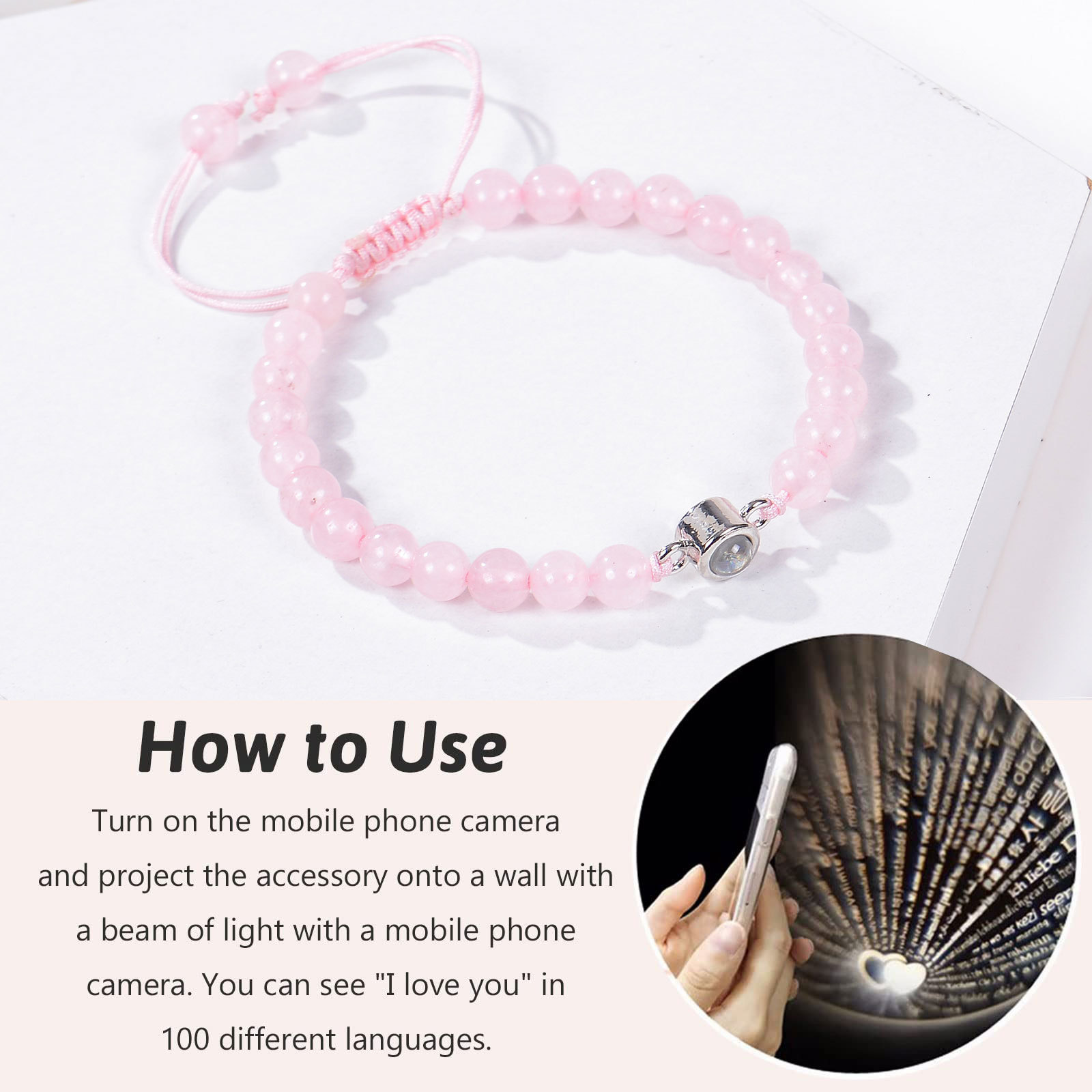 European and American Fashion 100 Languages Projection Bracelet I Love You Pink Crystal Frosted Stone Couple Bracelet Gift