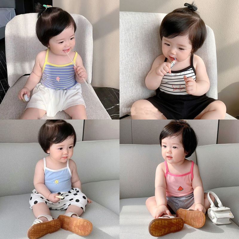 Baby Girls' Cartoon Top for Children with Sling Inner Wear Ice Silk Base Summer Baby Vest Thin Outer Wear T-shirt