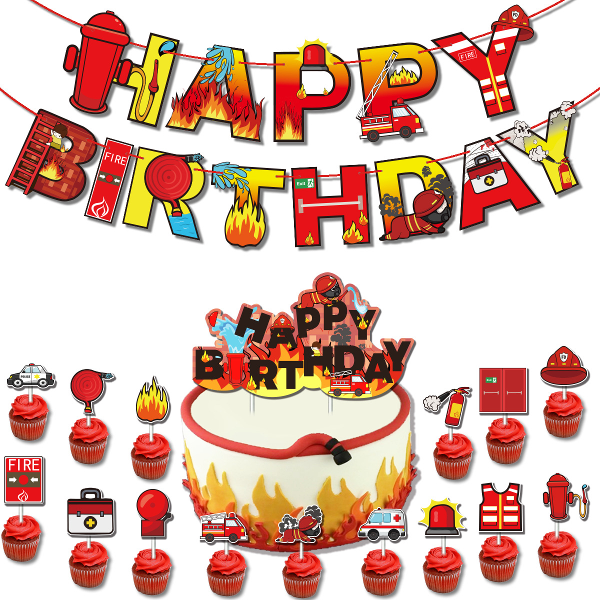 Fire theme party decoration fire truck pull flag banner cake card insertion children's birthday party layout supplies