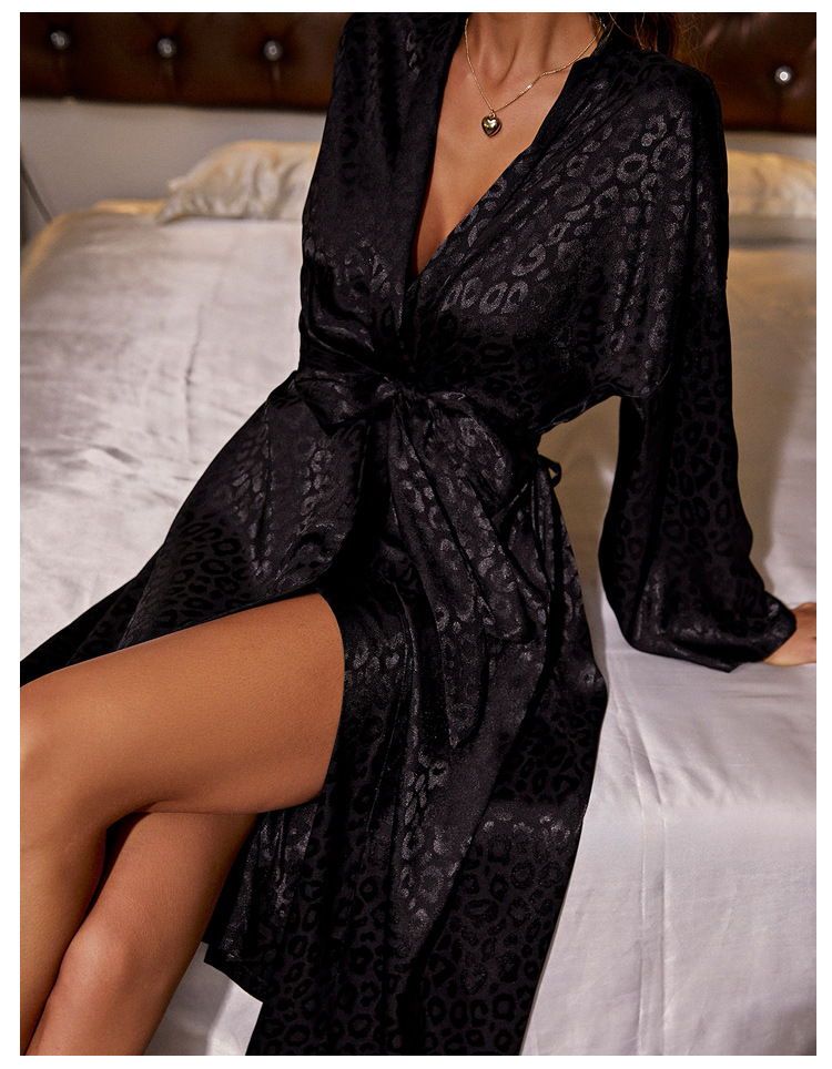 Home camicia da notte nera a maniche lunghe sottile sexy da donna in pizzo vestaglia semplice cardigan accappatoio in seta ghiacciata_voghion.com