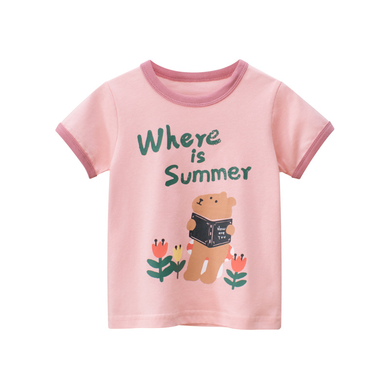 Girls short sleeve T-shirt summer 2024 new children's leisure foreign style bear children's half sleeve a generation of hair