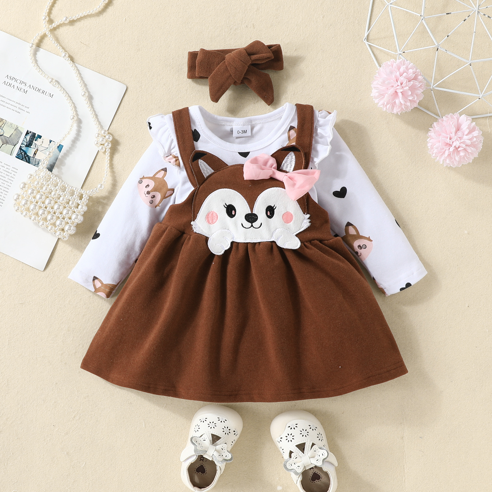 Baby autumn and winter cartoon fox love printed long-sleeved romper bow strap dress suit bow fashion