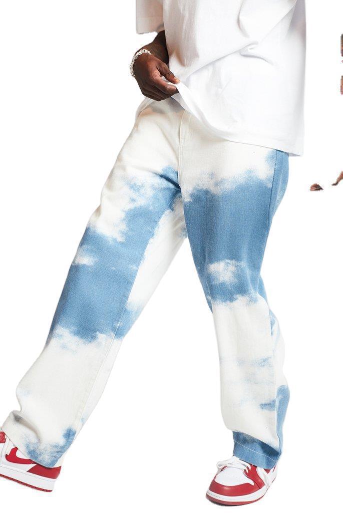 European and American trend High Street washed tie-dyed printed denim pants men's hip-hop wide leg straight barrel Daddy Pants Factory Outlet