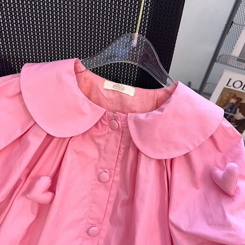 Girls shirt dress summer foreign style 2024 new Mori doll collar love short sleeve puff sleeve skirt