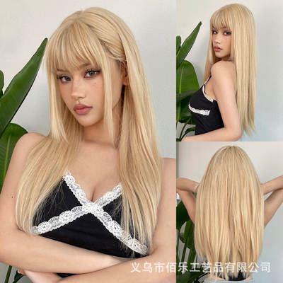 Wig European and American style golden bangs long straight hair full head cover high temperature silk factory cross-border wholesale wigs