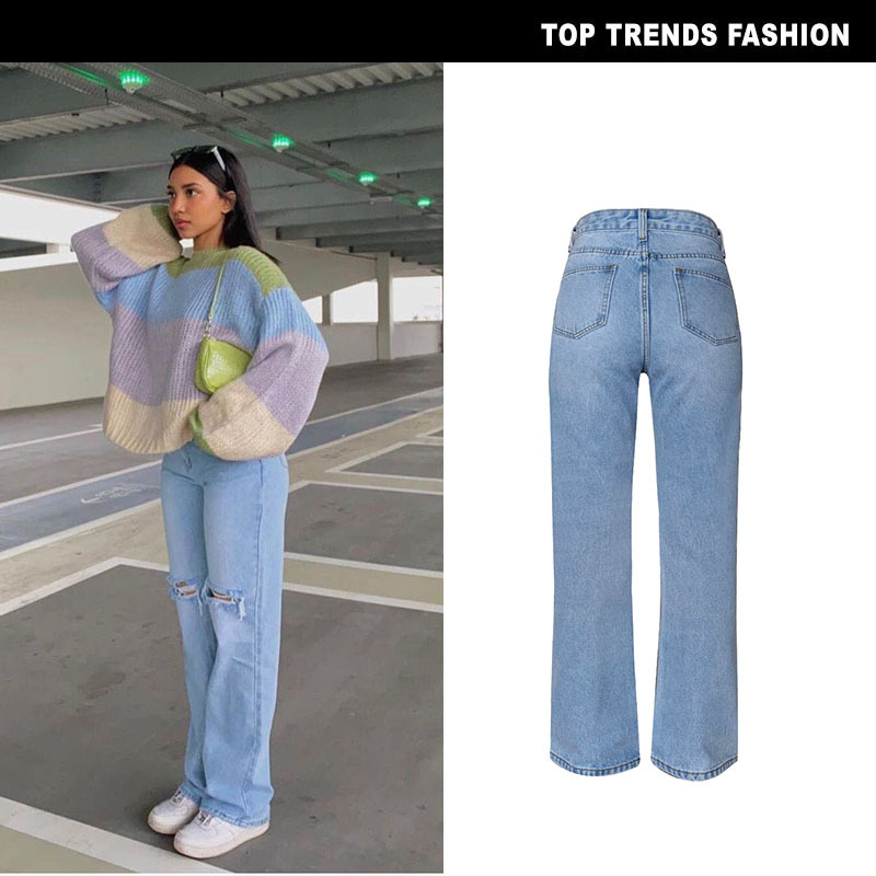 European and American Women's High Waist Loose Street Washable Straight Ripped Denim Pants Elasticless Retro Drooping Micro Horn