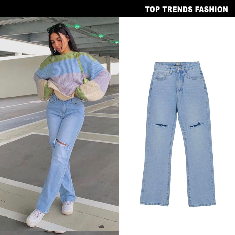 European and American Women's High Waist Loose Street Washable Straight Ripped Denim Pants Elasticless Retro Drooping Micro Horn