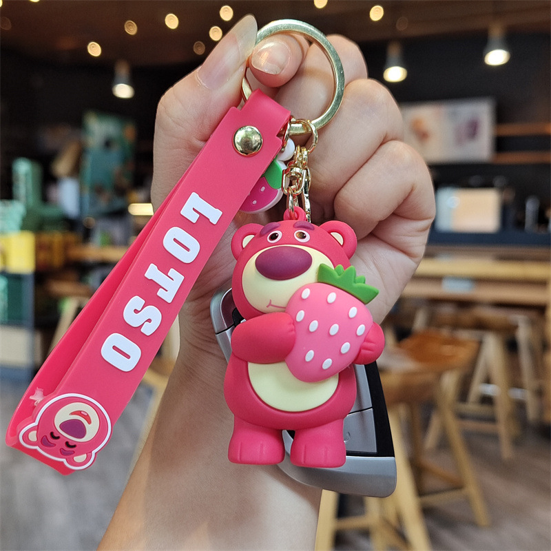 Strawberry bear cartoon silicone keychain bear doll pendant car key chain ornaments doll machine gift wholesale
