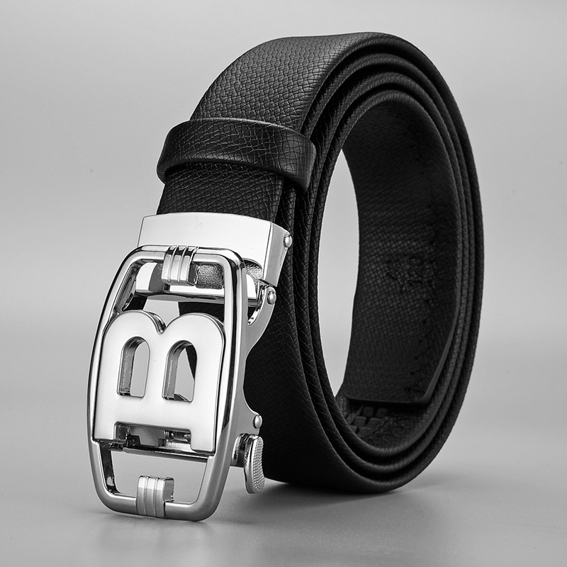 Curea din piele unisex pentru bărbați, cataramă automată din aliaj de vacă cu două straturi, litera B, curea din piele_voghion.com