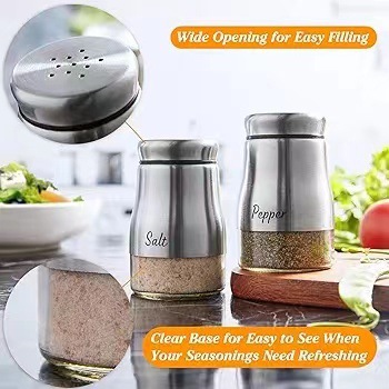 Salt and Pepper Bottle Stainless Steel Glass Sprinkle Bottle 4oz Glass Spicing Jar with Shelf Spicing Bottle Spicing Bottle