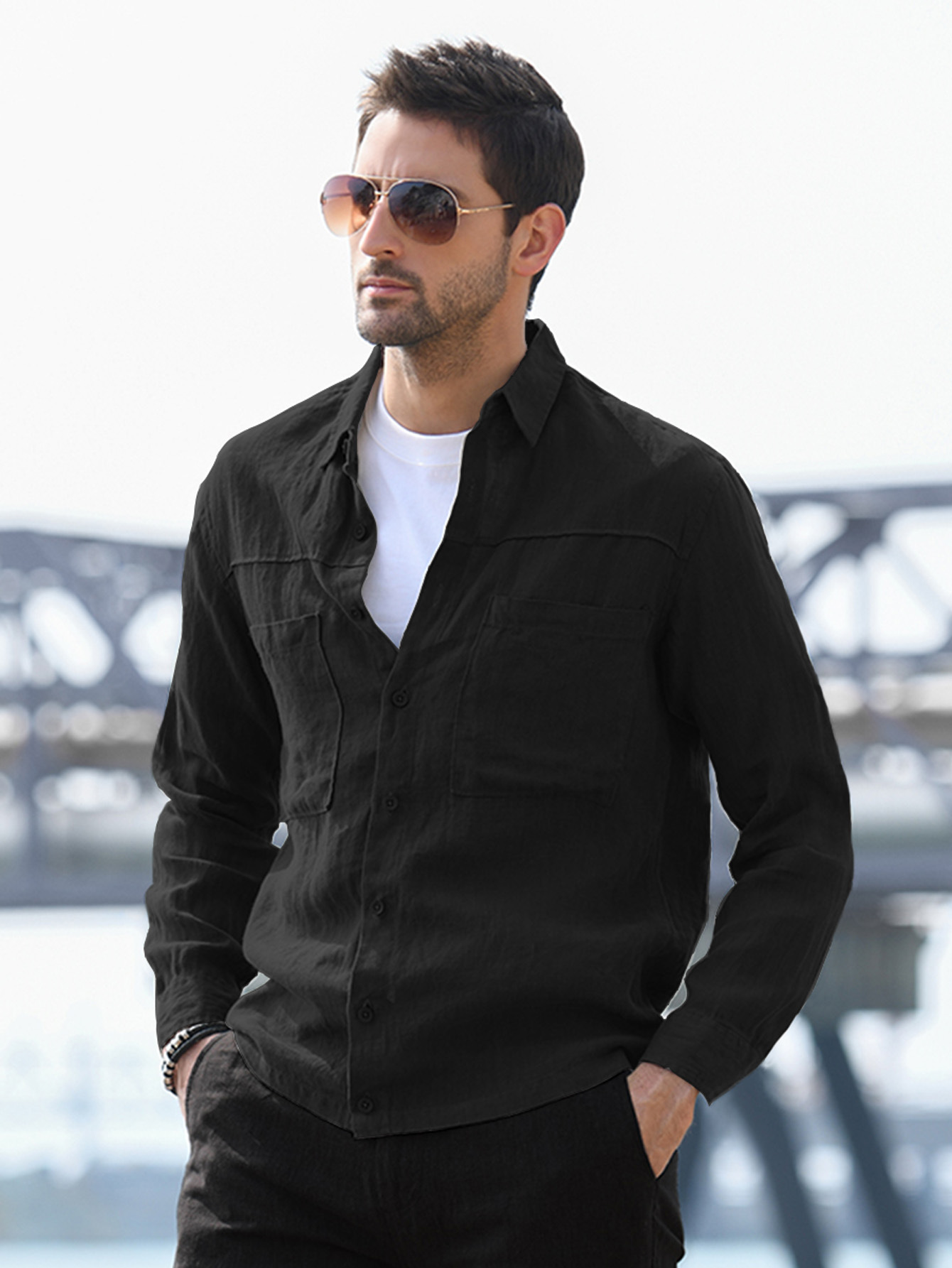 Cross-border New Men's Youth Loose plus size Men's Solid Color Simple Long Sleeve Lapel Cotton Linen Shirt in stock Hair