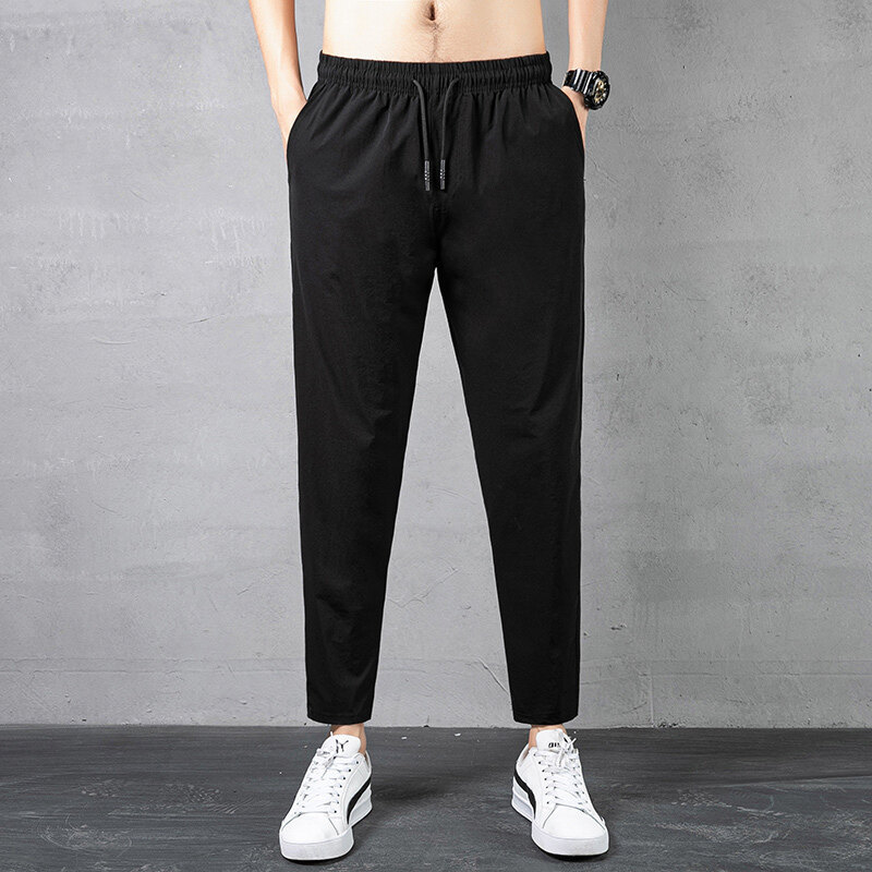Summer New Casual Pants Men's Ankle-length Pants Ice Silk Stretch Leg Straight Rinting Pants Sports Quick-drying Pants Men's Trendy