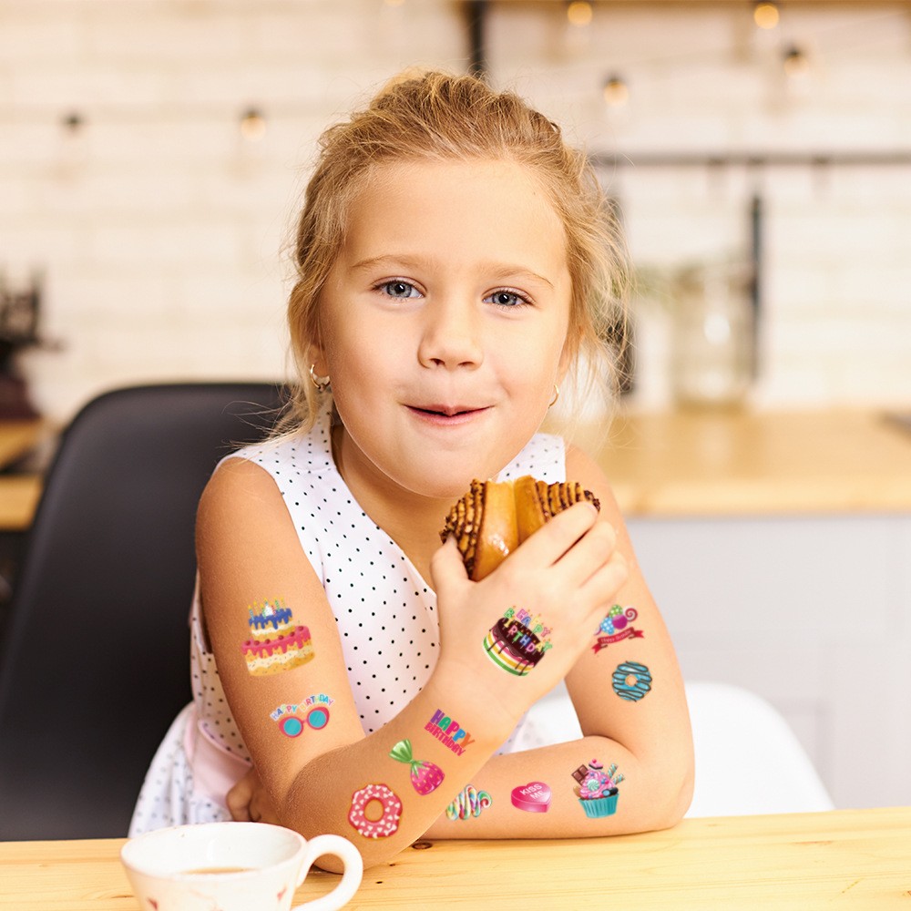 Cross-border New Children's Dessert Tattoo Sticker Waterproof Candy Cake Donut Birthday Party Cute Cartoon Sticker