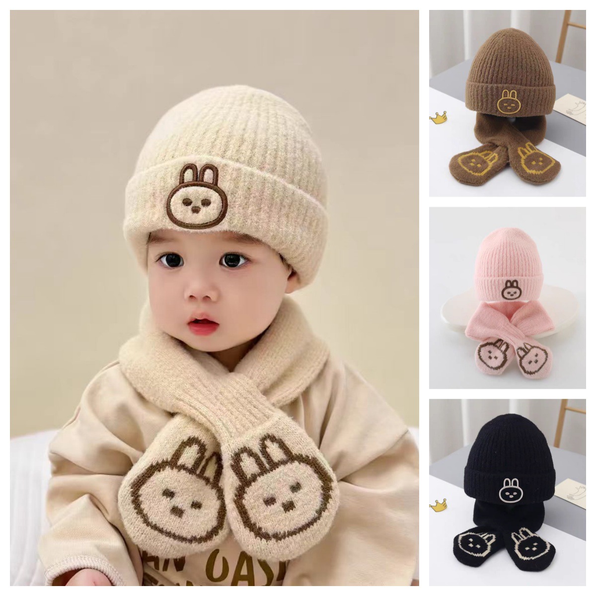 Chapeau d'hiver pour bébé, mignon, style coréen, pour garçons et filles, chapeau en laine de lapin, automne et hiver, bonnet tricoté pour bébé, écharpe_voghion.com