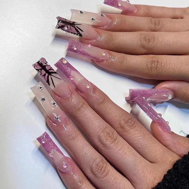 Wearing armor wholesale purple glitter French side Aurora rhinestone nail piece finished product removable high grade nail piece finished product