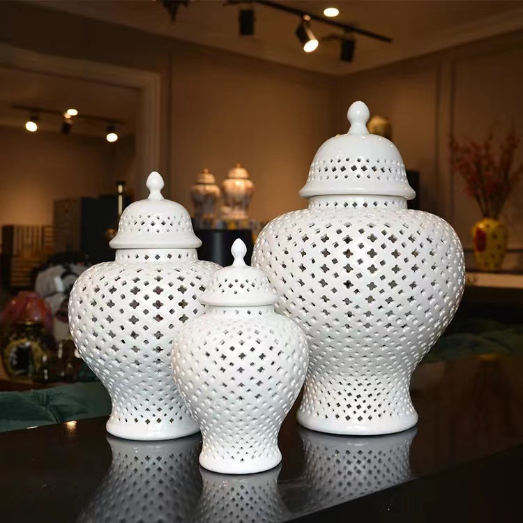 Classical Light Luxury Ceramic Carved Hollow General Jar Home Decoration Living Room Office Decoration Storage Crafts