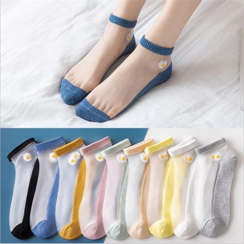 Summer New Internet Popular Daisy Glass Silk Thin Short Socks TikTok Transparent Crystal Silk Socks Women's Color-matching Boat Socks