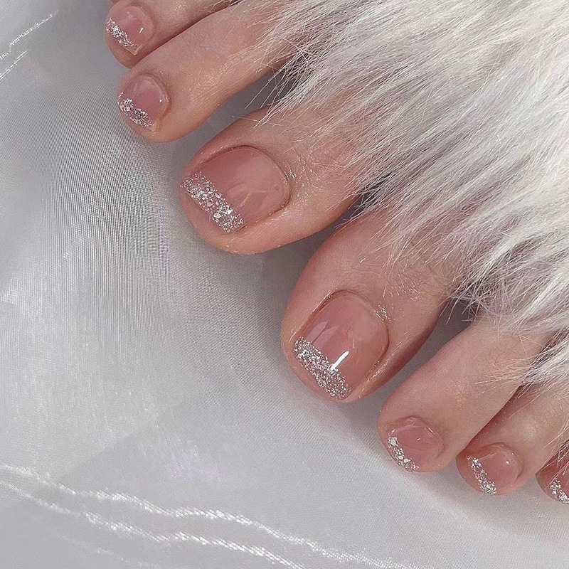 穿戴甲裸粉法式閃粉腳指甲美甲穿戴甲批發指甲片press on nail