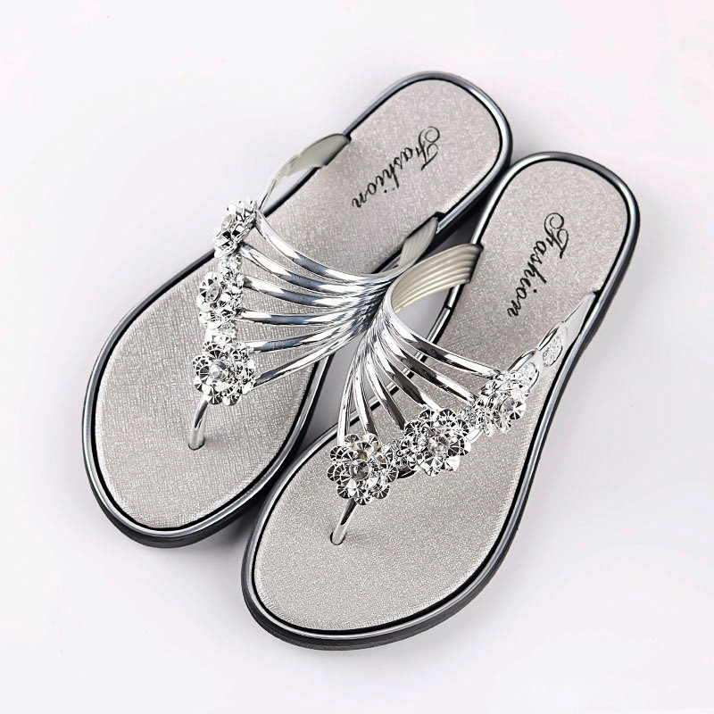 2023 Summer Women's Slippers Flower Flat Slippers Women's Rhinestone All-match Outer Wear Flip-flops Women's Flip-Flops