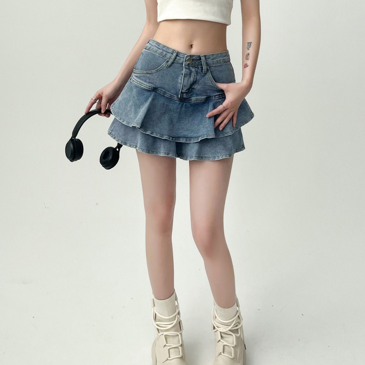 Anti-exposure double-layer hot girl Denim skirt women's elastic high waist slimming A- line cake skirt ruffled skirt