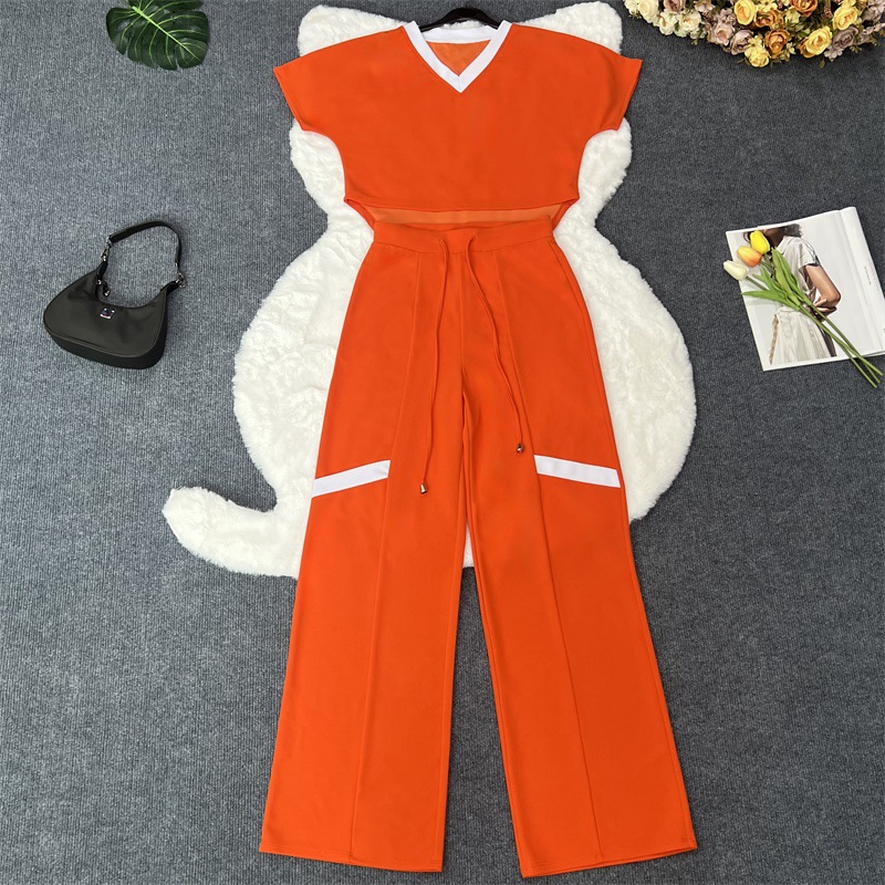 9887 Cross-border Europe and America Amazon Solid Color Casual Short-sleeved T-shirt Sports Set Straight Pants Summer Two-piece Set