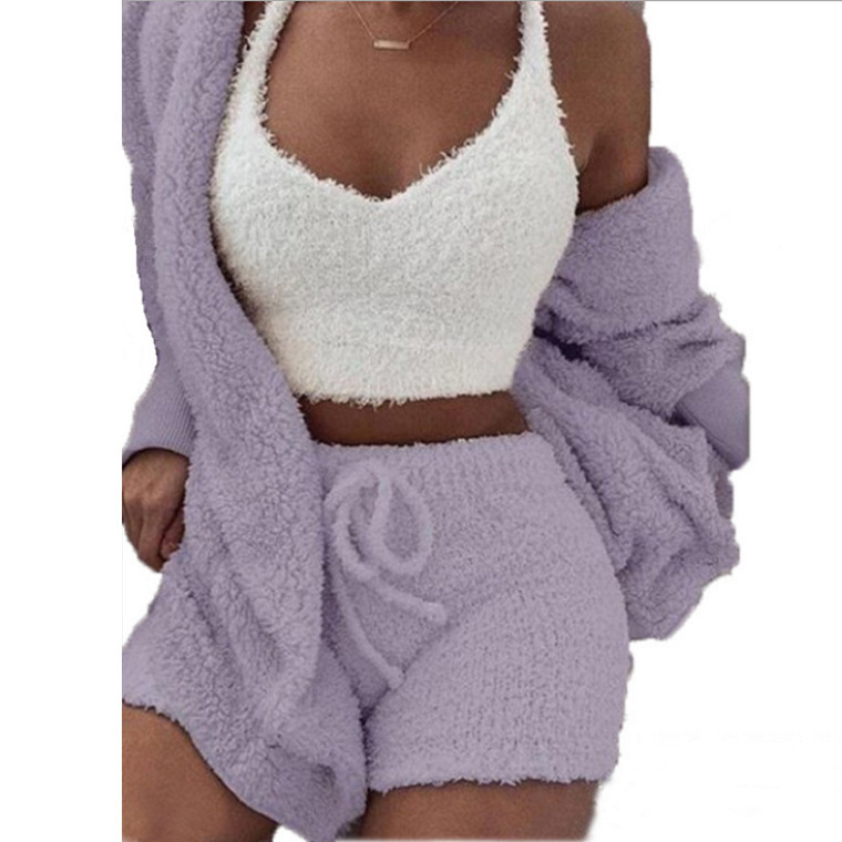 in stock Cross-border Women's Clothing Europe and America 2022 Autumn and Winter Plush Home Clothes Casual Three-piece Jacket Long-sleeved Navel Vest