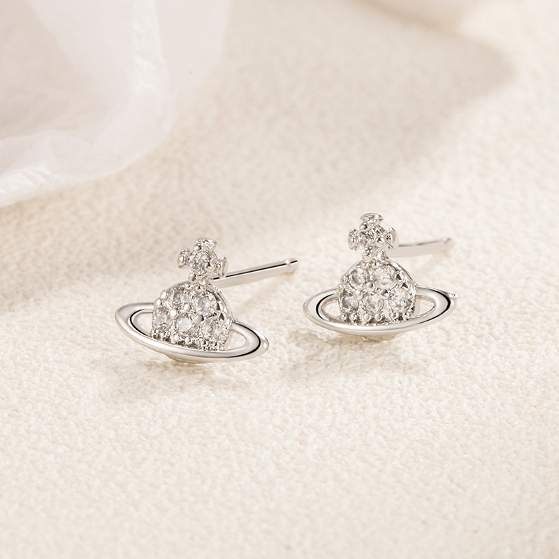 Saturn Zircon stud earrings niche design unique 2023 popular full diamond mini earrings fashion small cute earrings