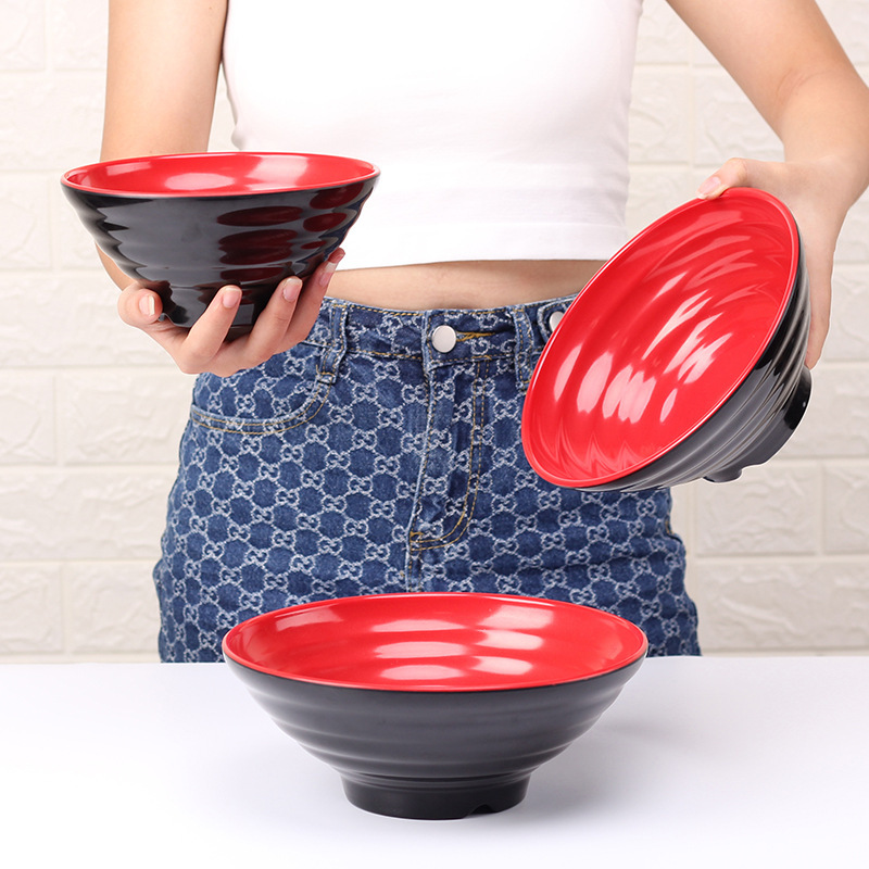 黒紅二色メラミンプラスチック食器レストラン食堂用麻辣热碗日本式ラーメン碗大サイズ粥粉スープ碗|undefined