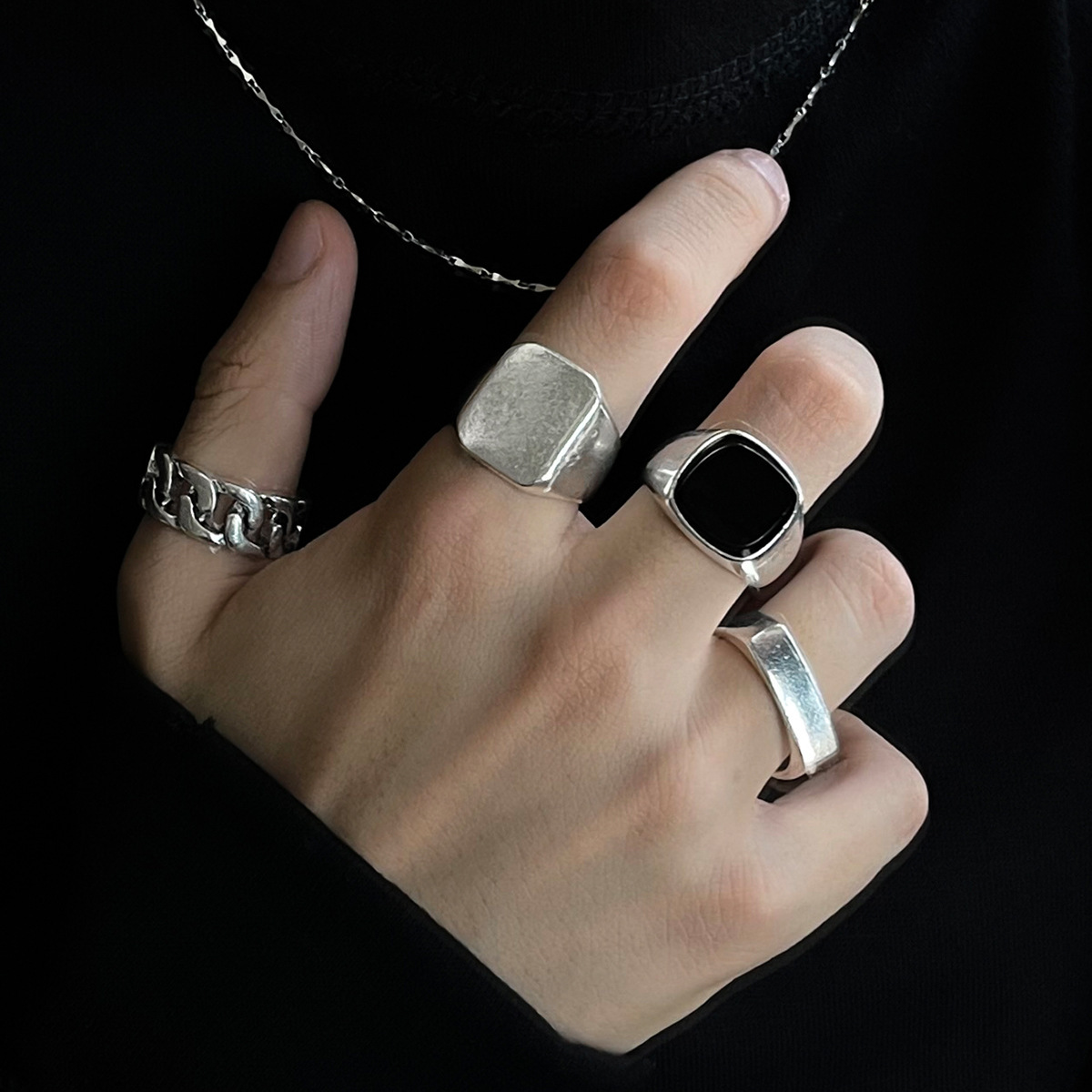 朋克風嘻哈潮流戒指套裝歐美跨境復古幾何金屬指環戒指四件套Ring