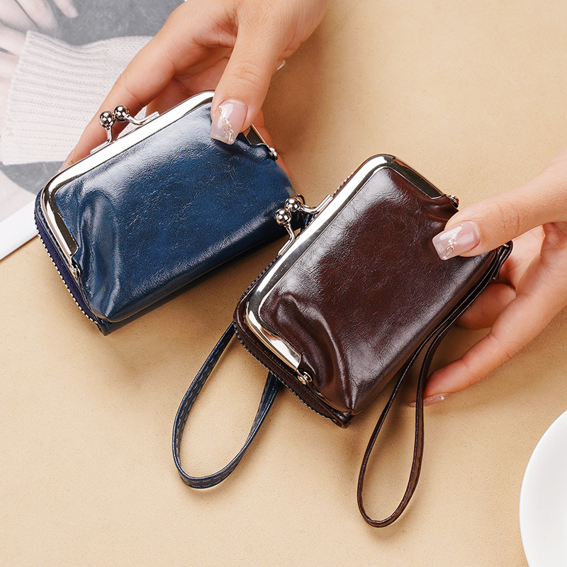 Vintage leather change small bag clip buckle multi-compartment card holder hand strap coin bag gift bag
