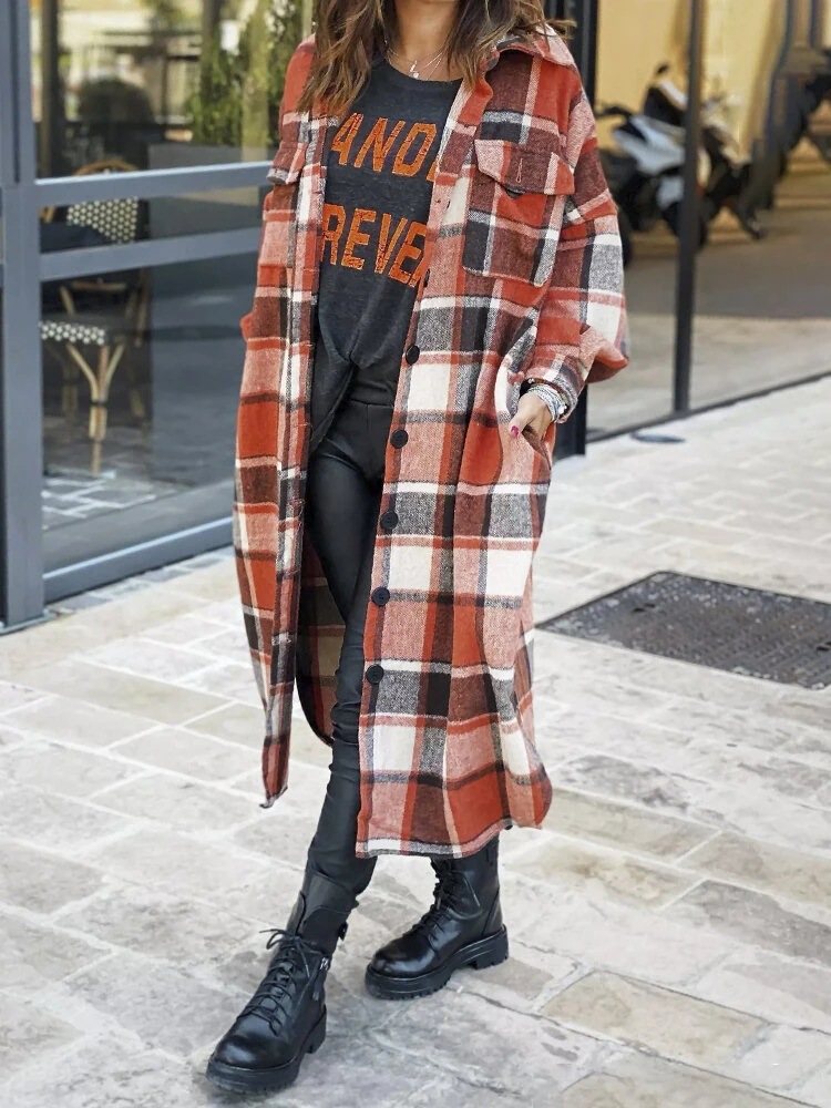 [Spot] Cross-border European and American Long Windbreaker Lapel Side Split Women's Woolen Plaid Coat Women's Coat