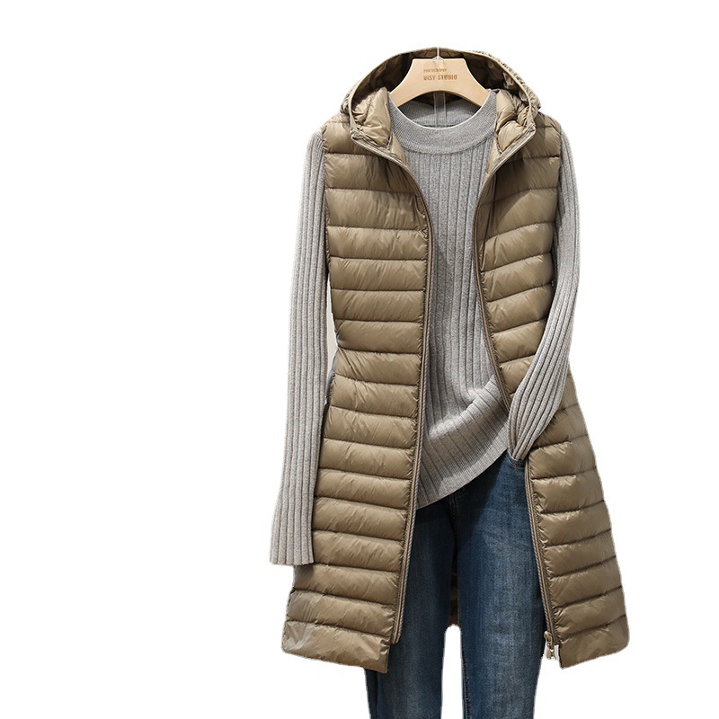 Down Vest Women's Mid-length 2023 Autumn and Winter Hooded Korean Style Light Down Jacket Inner Matching Coat Vest Jacket