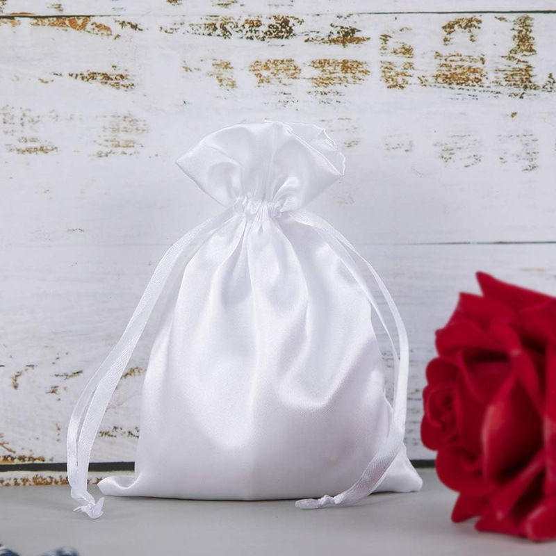 In stock artificial silk drawstring bag cosmetic drawstring satin bag printable logo silk dustproof wig bag