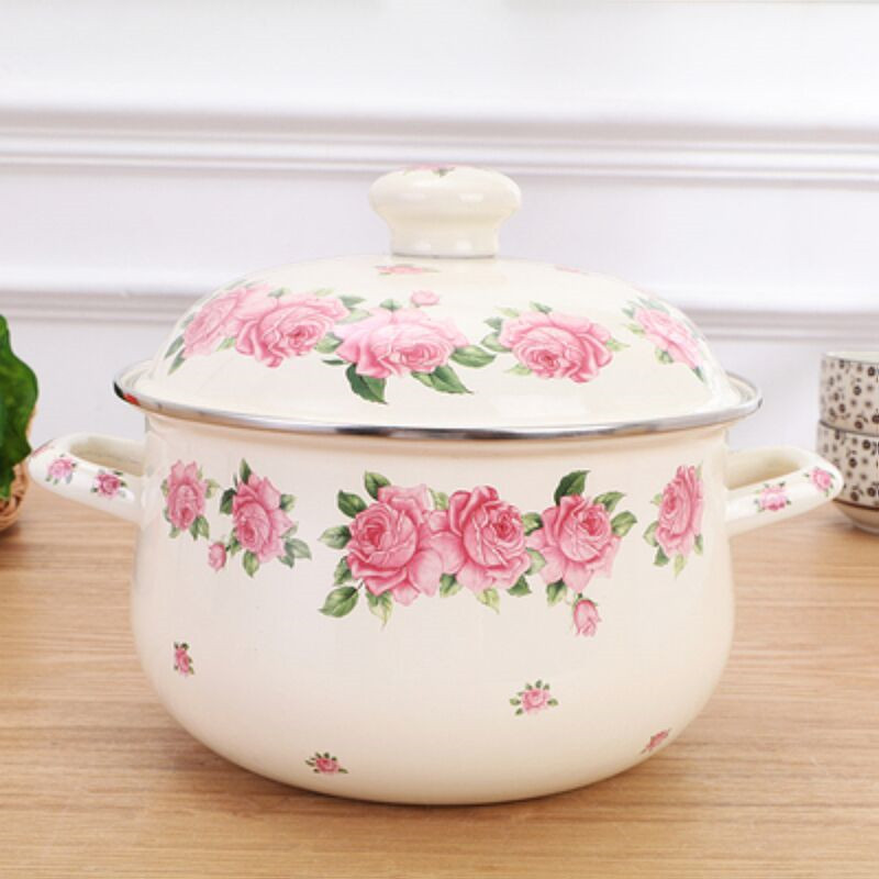 Factory direct sale thick enamel pot Pink Rose double ear flat bottom Persimmon soup pot across the import and export electromagnetic gas pot