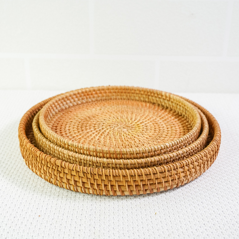Rattan fruit basket hand-woven Japanese bread basket steamed bread basket living room household storage basket round tray